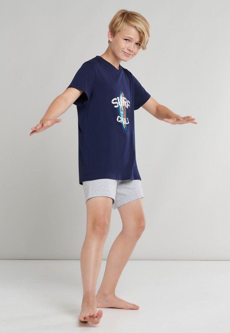 Schlafanzug kurz Organic Cotton V-Ausschnitt dunkelblau - Beach Life