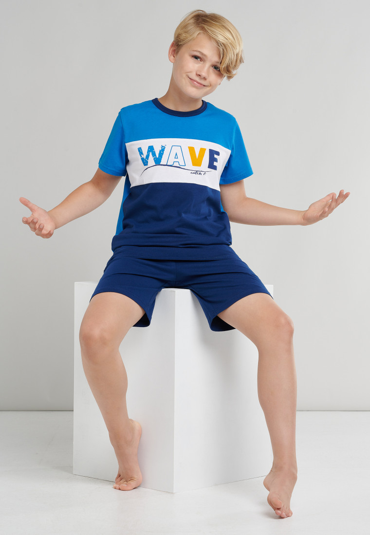 Schlafanzug kurz Organic Cotton Wave Blockringel blau - Natural Love
