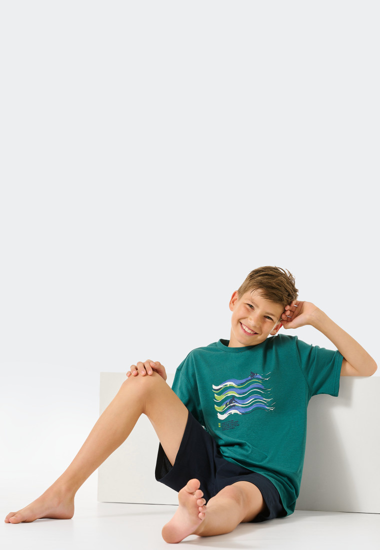 Pigiama corto in cotone biologico con motivo onde, colore verde scuro - Ocean Flow