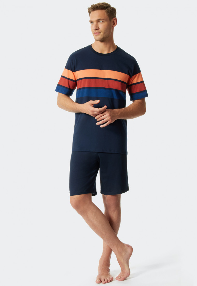 Pajamas short crew neck block stripes dark blue / papaya - Fashion Nightwear