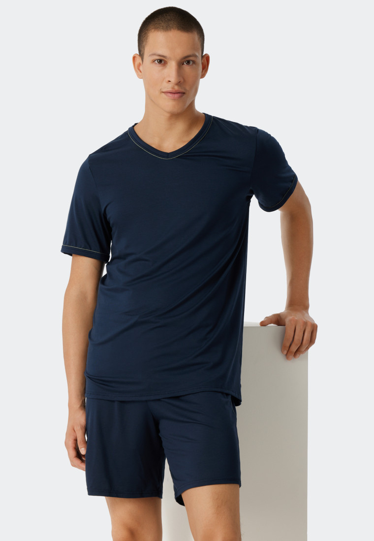 Pyjama court Tencel encolure en V rayures bleu foncé - Selected! Premium