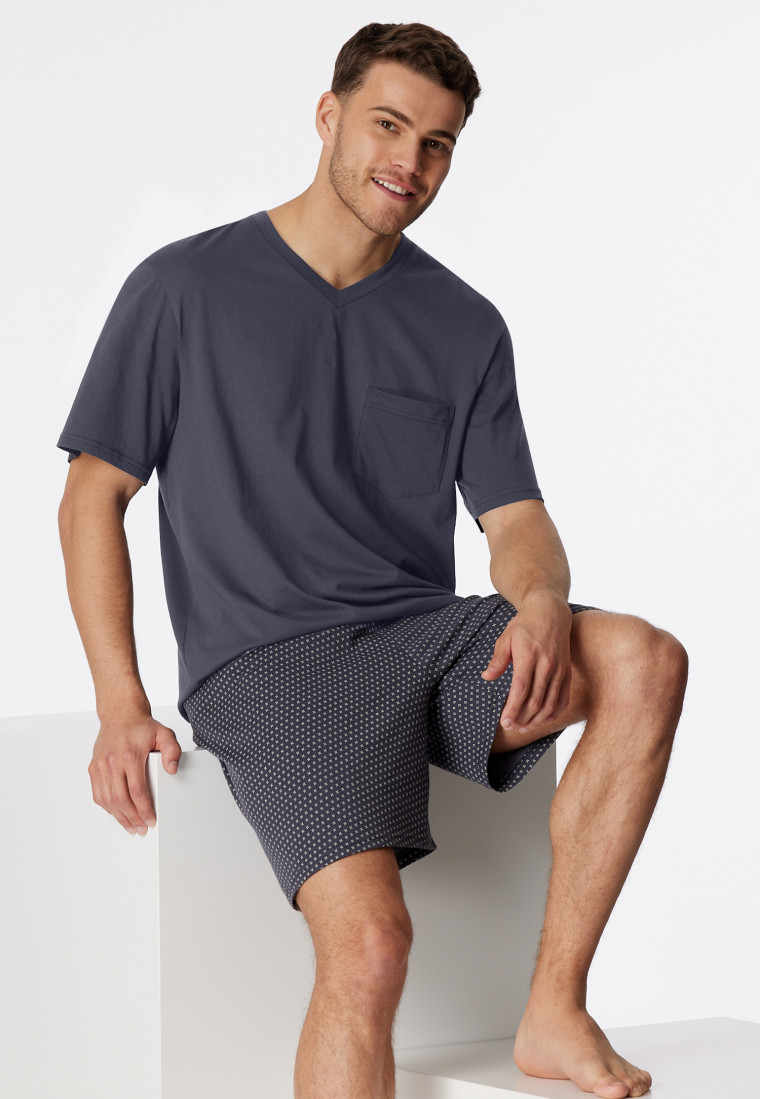 Pyjamas short V-neck chest pocket charcoal patterned - Comfort Essentials