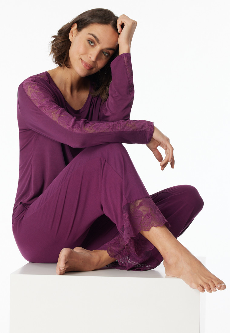 Pajamas long 7/8-length pants modal lace plum - Sensual Premium