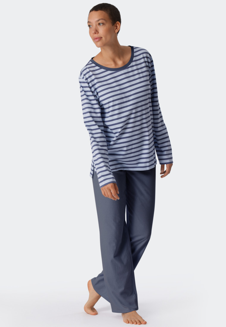Schlafanzug lang Bio-Baumwolle Bretonstreifen blau - Essential Stripes