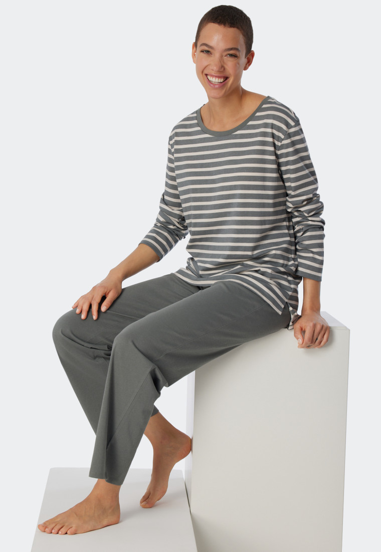 Pyjama lang biologisch katoen Bretonse strepen jade - Essential Stripes