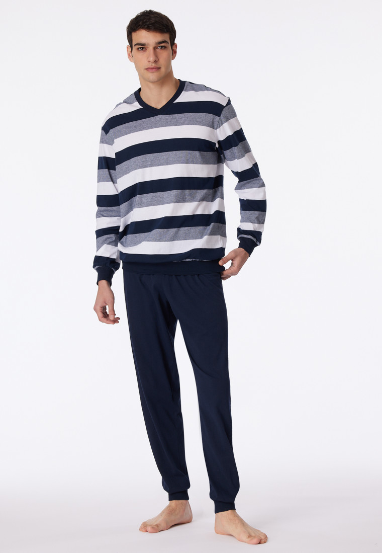 Pyjama lange blokstrepen manchetten donkerblauw - Dark Sapphire