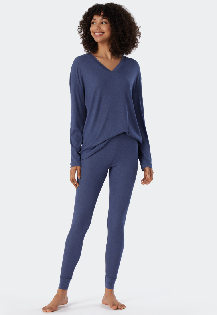 Pyjama long côtelé modal encolure en V bleu - Modern Rib - Natural Dye