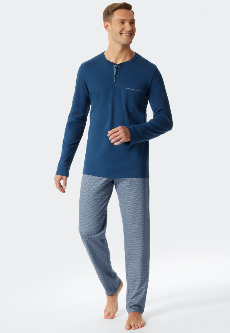 Pyjama long avec fine patte de boutonnage interlock motif bleu - Fine Interlock