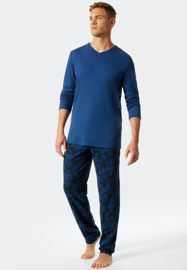 Long pajamas fine interlock V-neck patterned blue/dark blue - Fine Interlock