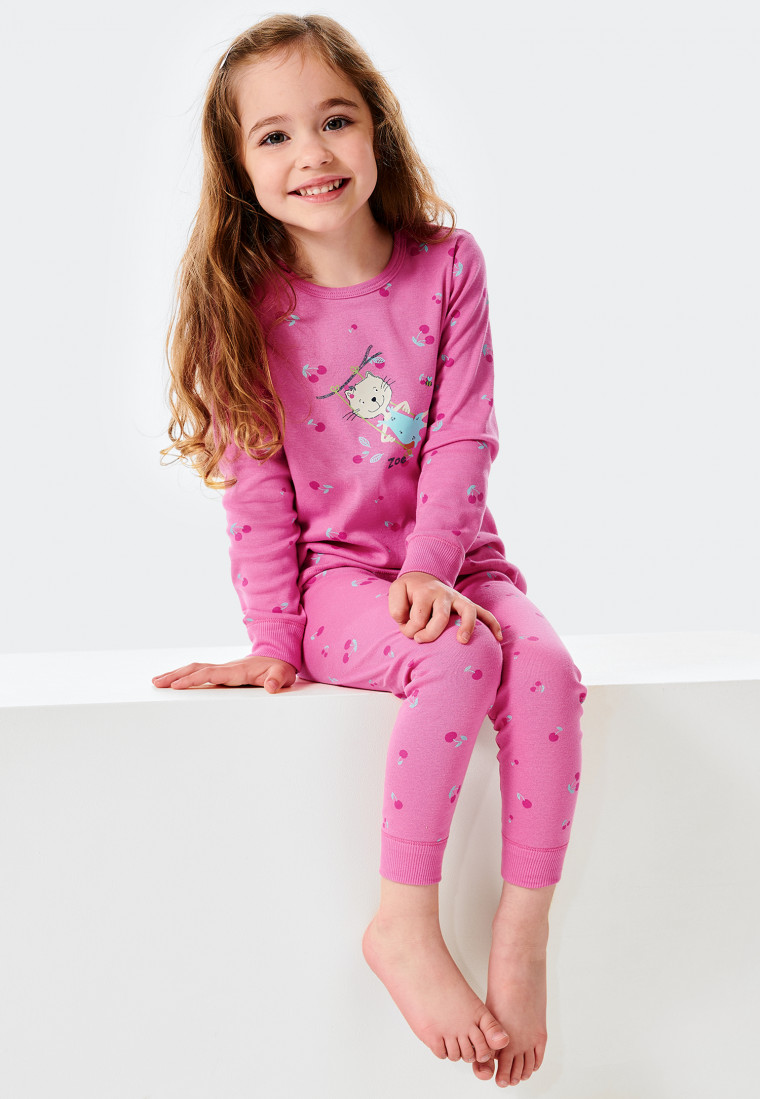 Pyjama long, poignets en coton bio, tissu côtelé, chat, cerises rose - Cat Zoe