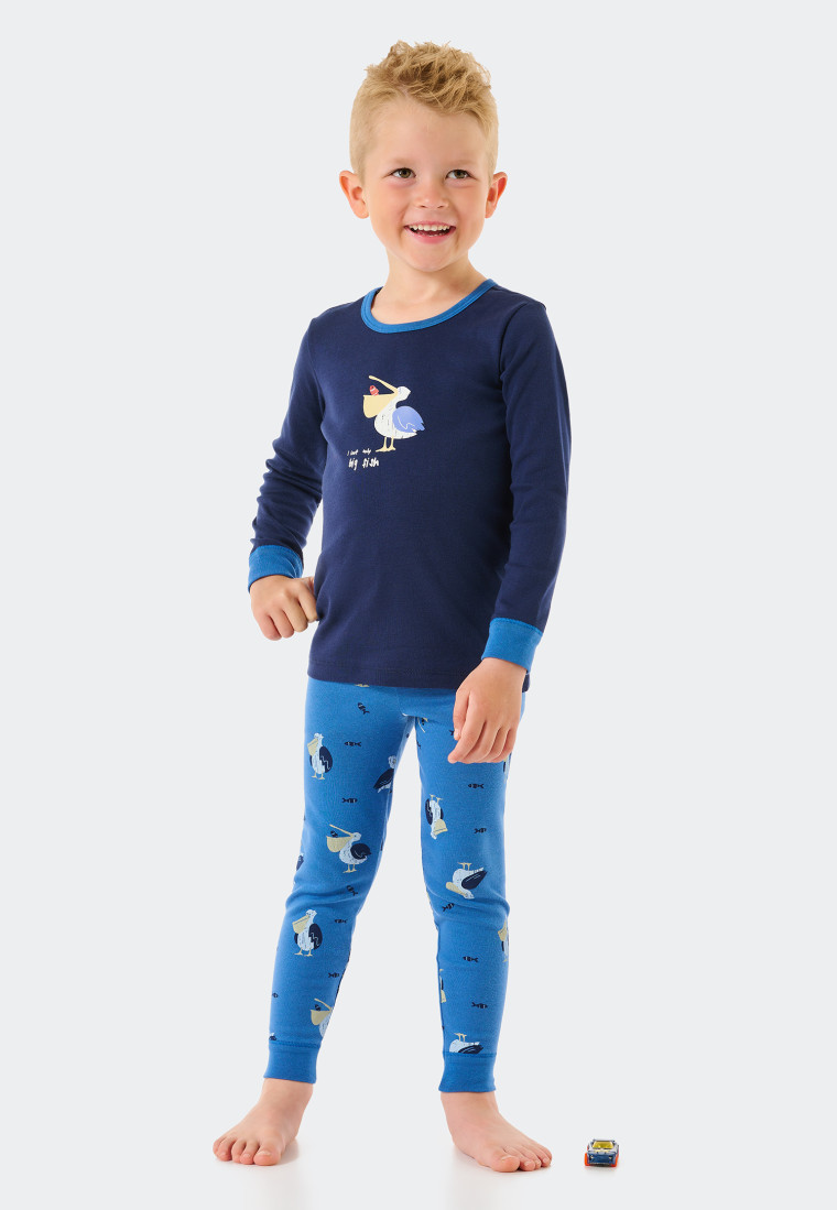 pyjama lang fijnrib biologisch katoen boorden legging pelikaan vissen donkerblauw - Natural Love