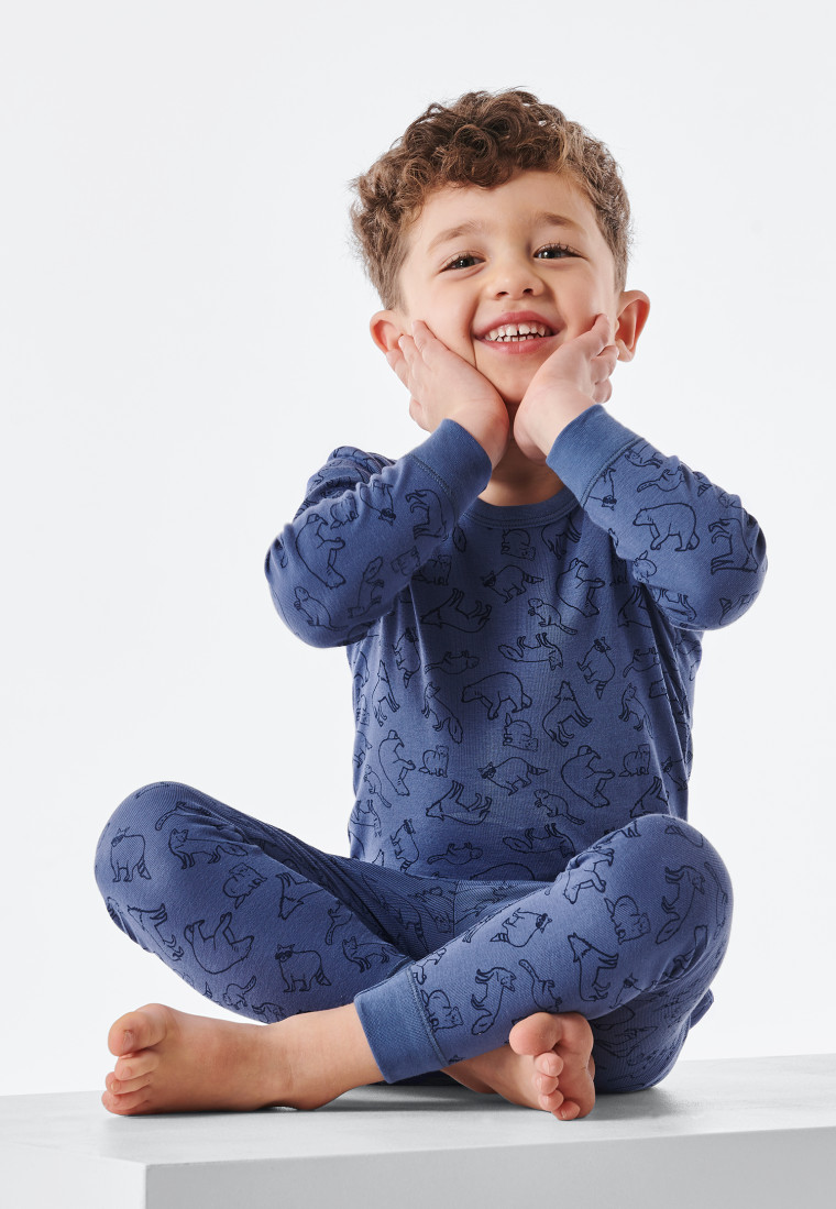 Pigiama lungo realizzato in tessuto di cotone biologico a costine sottili con polsini e motivo di animali selvatici, blu - Natural Love