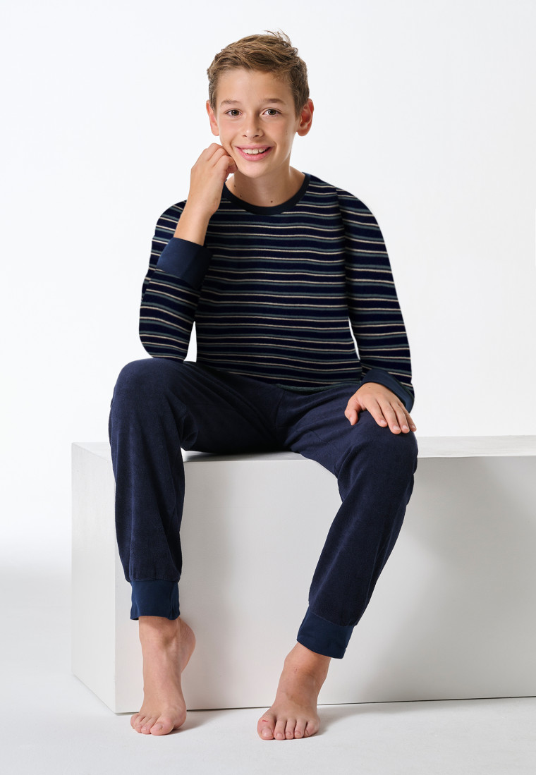 Schlafanzug lang Frottee Bündchen dunkelblau geringelt - Teens Nightwear