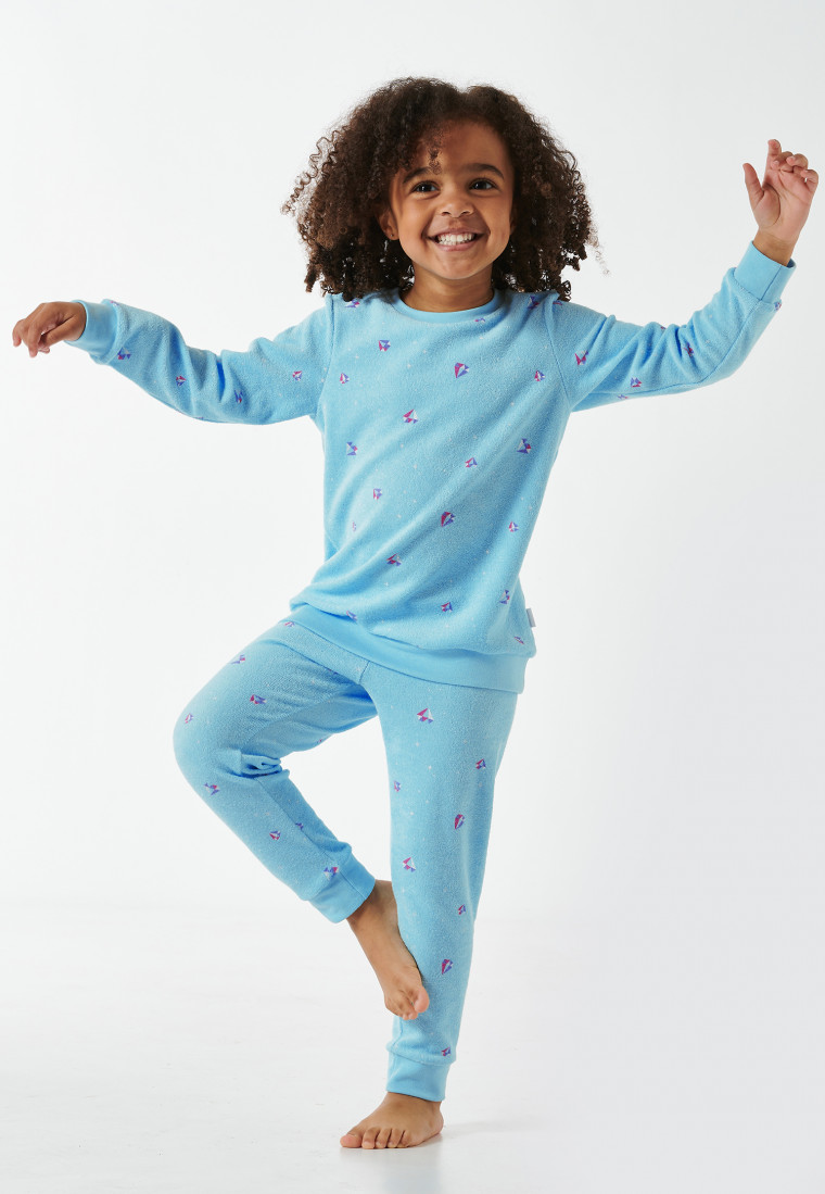 Long pajamas terry organic cotton cuffs gemstones aqua - Girls