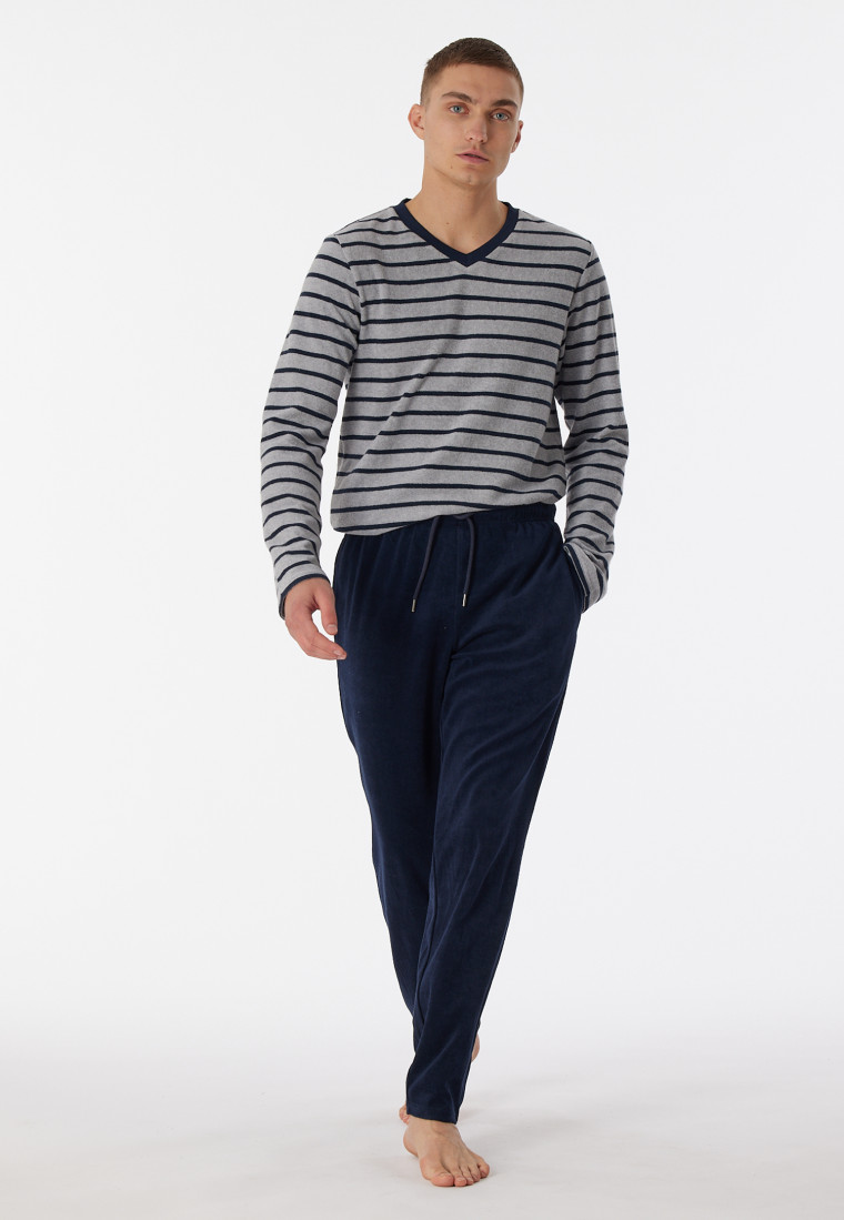 Pajamas long terry cloth V-neck stripes heather gray - Warming Nightwear