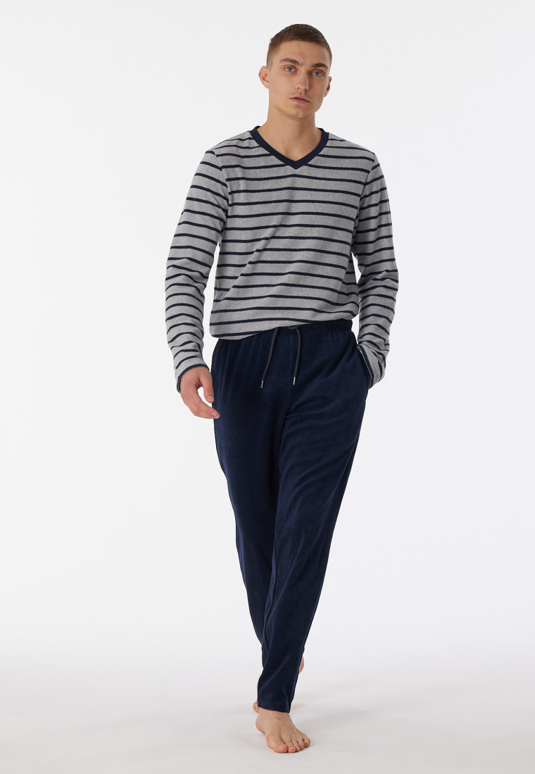 Schlafanzug lang Frottee V-Ausschnitt Streifen grau-meliert - Warming Nightwear