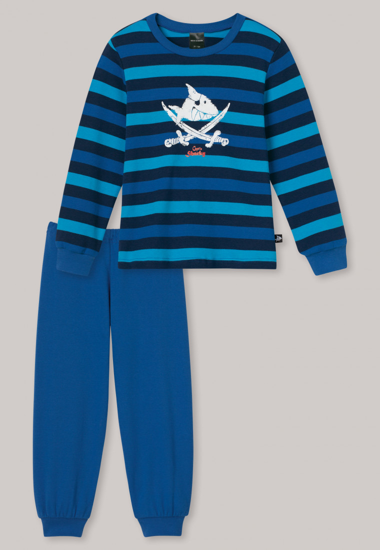 Schlafanzug lang Interlock blau geringelt - Capt´n Sharky Nachtwäsche