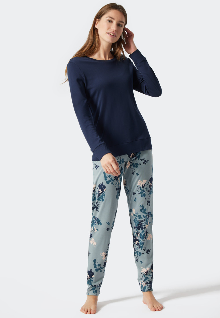Schlafanzug lang Interlock Bündchen Blumenprint graublau - Contemporary Nightwear