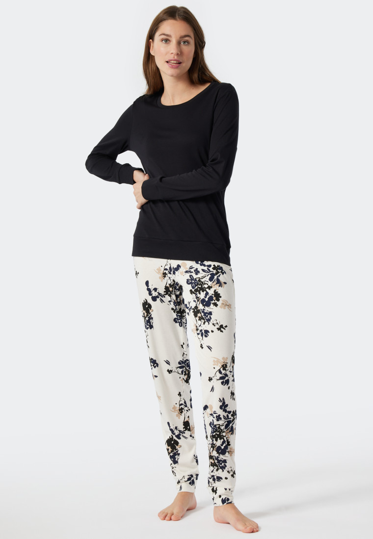 Pyjama lang interlock manchetten bloemenprint gebroken wit - Contemporary Nightwear