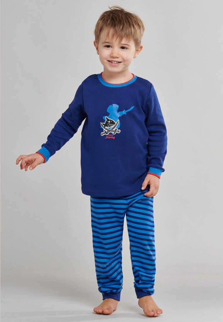 Pyjama long en interlock à bords-côtes avec rayures et requin pirate bleu foncé - Capt'n Sharky