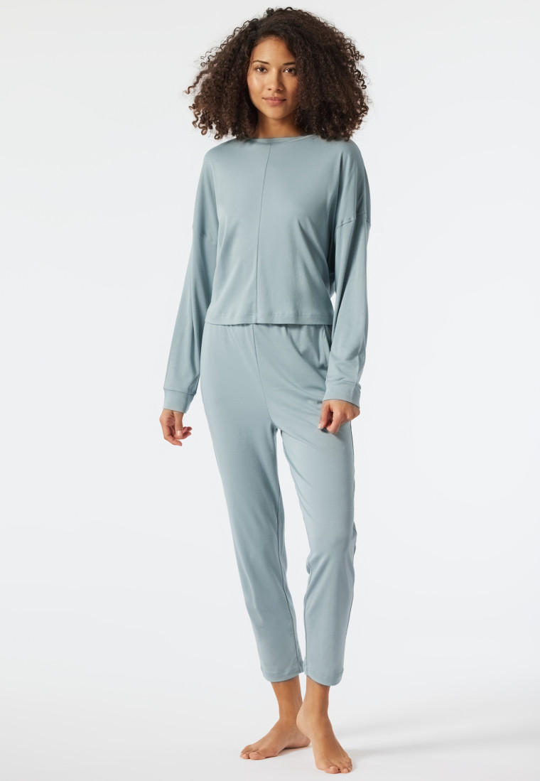 Schlafanzug lang Interlock kurzes Oversized-Shirt graublau - Modern Nightwear