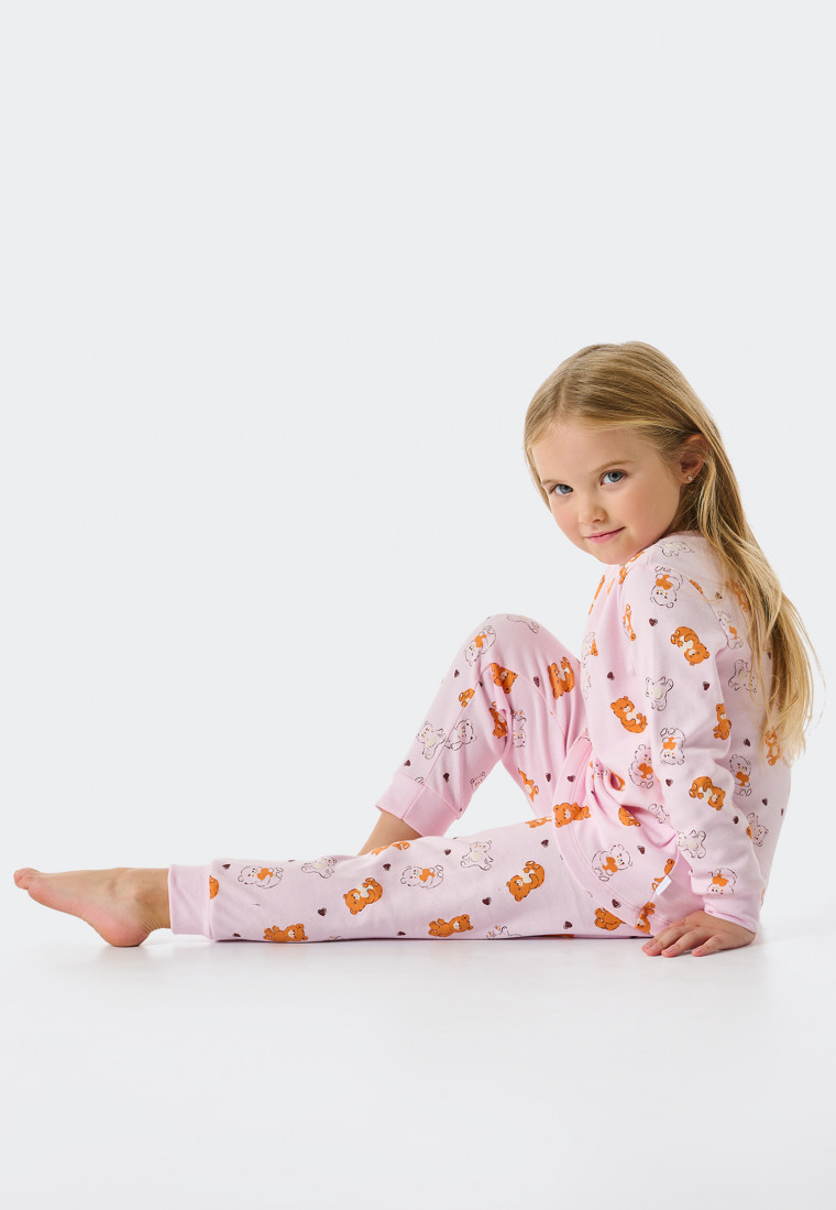 Pajamas long interlock organic cotton cuffs teddy bears pink - Natural Love