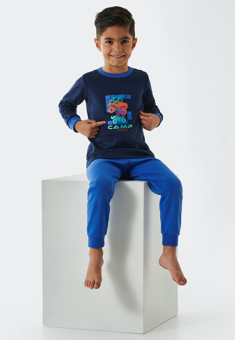 Pyjama lang interlock biologisch katoen manchetten ruimtevoertuigen metalliceffect donkerblauw - Boys World