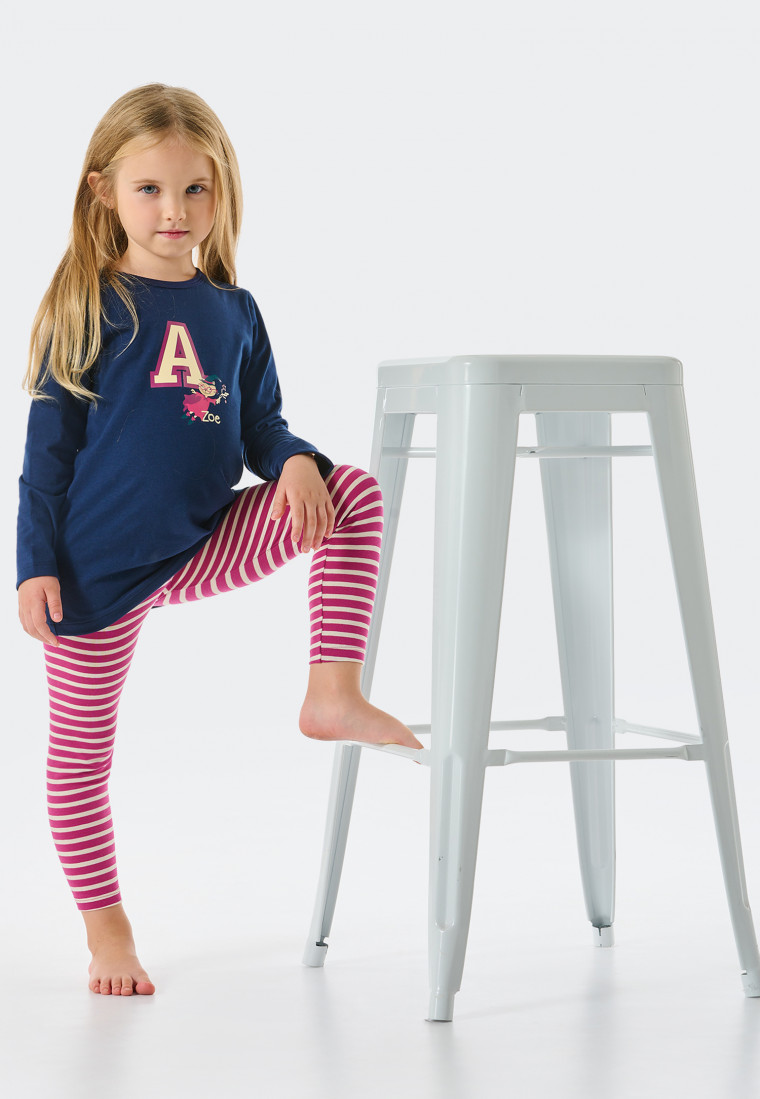 Pigiama lungo con leggings, in Interlock di cotone biologico, motivo con maga in stile varsity, blu scuro - Cat Zoe