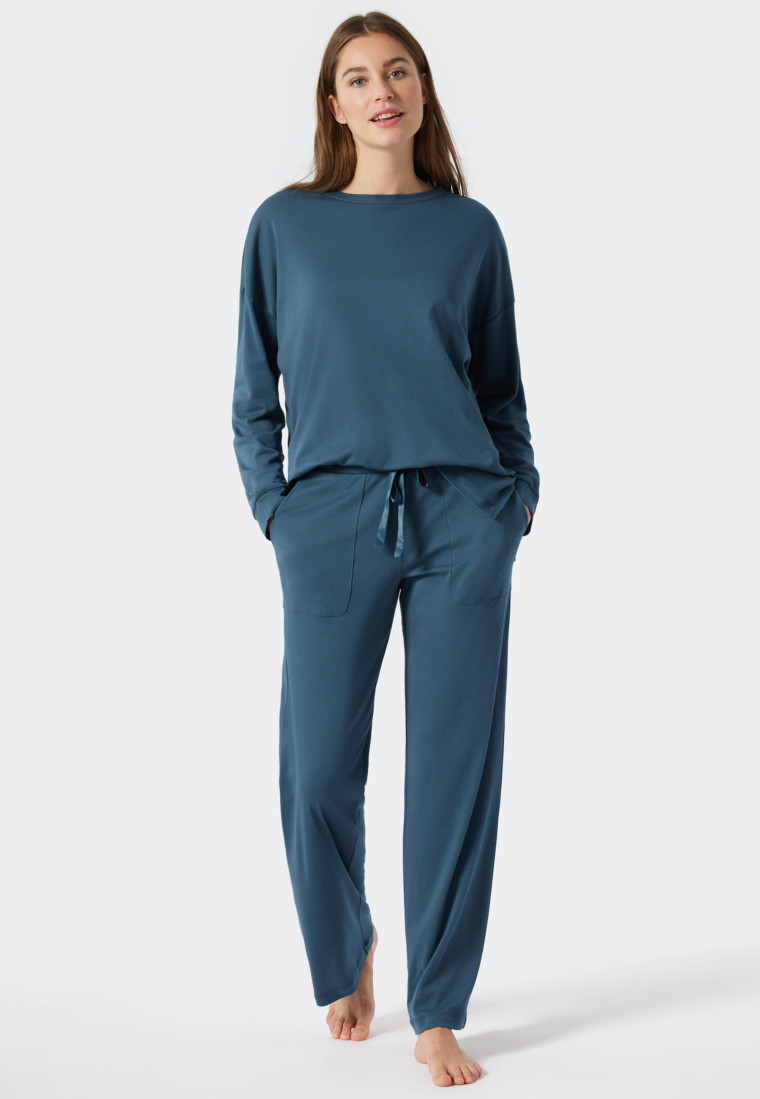 Pigiama lungo in interlock con maglia oversize, verde-blu - Modern Nightwear