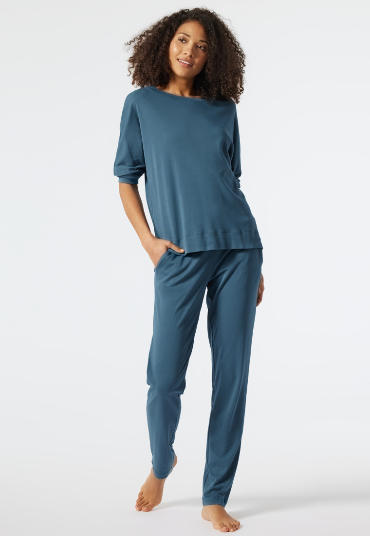 Pyjama long interlock T-shirt oversize bords-côtes bleu-vert - Modern Nightwear