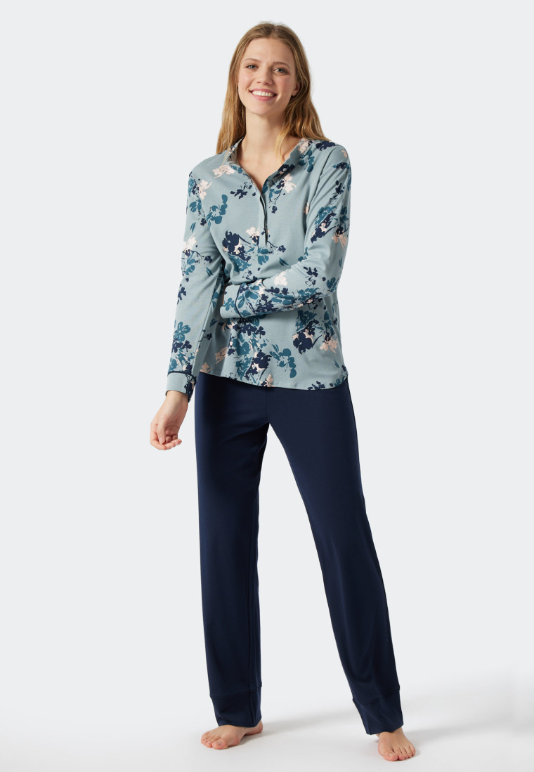 Pyjama lang interlock opstaande kraag knoopsluiting bloemenprint grijsblauw - Contemporary Nightwear