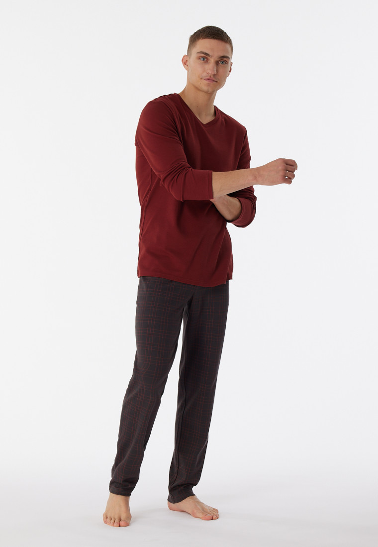 Pyjama lang interlock V-hals geruit terracotta - Fine Interlock