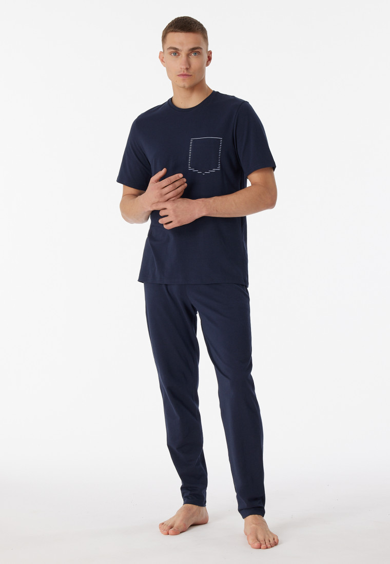 Midnight blue pajamas consisting of long bottoms and a short-sleeved top made of organic cotton with stripes, – 95/5 Nightwear