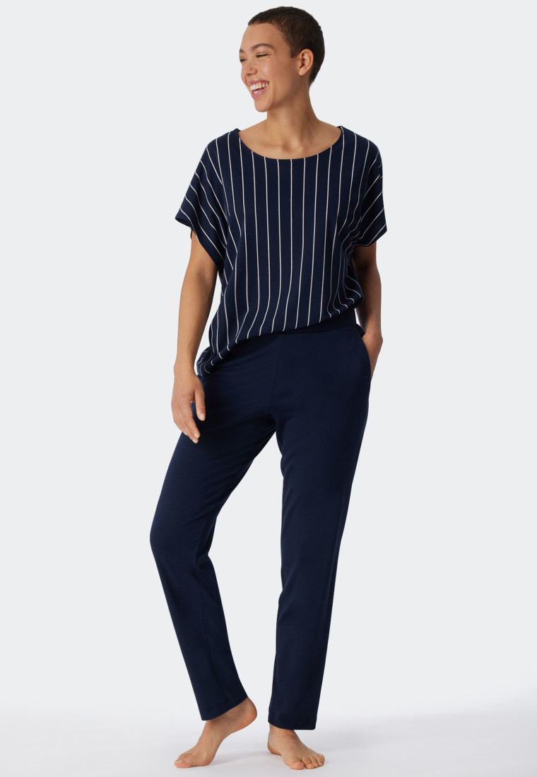 Pyjama long modal haut oversize manches courtes bleu foncé/rayé - Modern Nightwear
