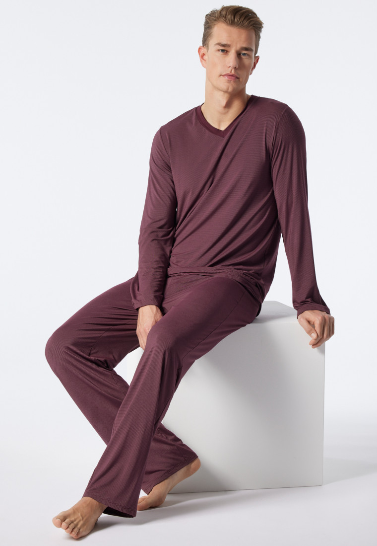 Pyjama long encolure en V en modal rayé bordeaux - Long Life Soft