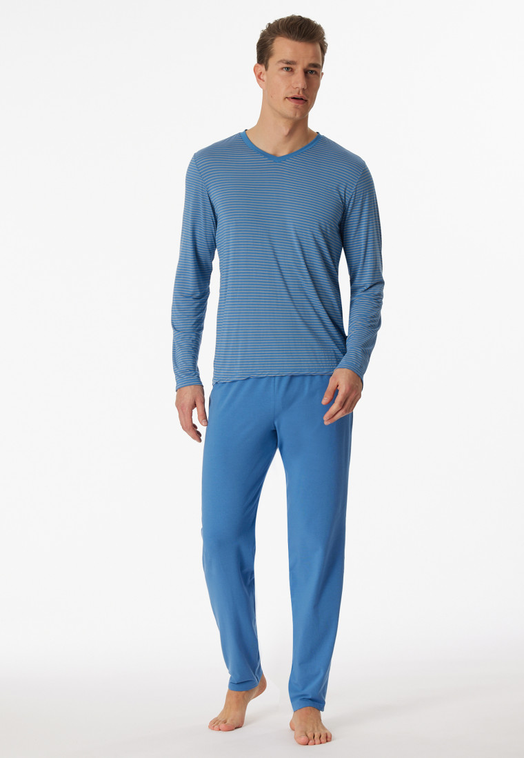 Pyjama Lang Modal V-hals Strepen oceaanblauw - Long Life Soft