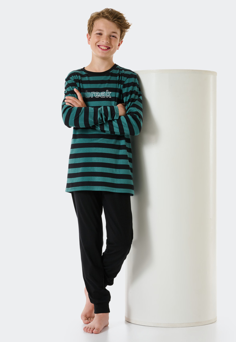 Pyjama long coton bio break rayures bords-côtes vert - Nightwear