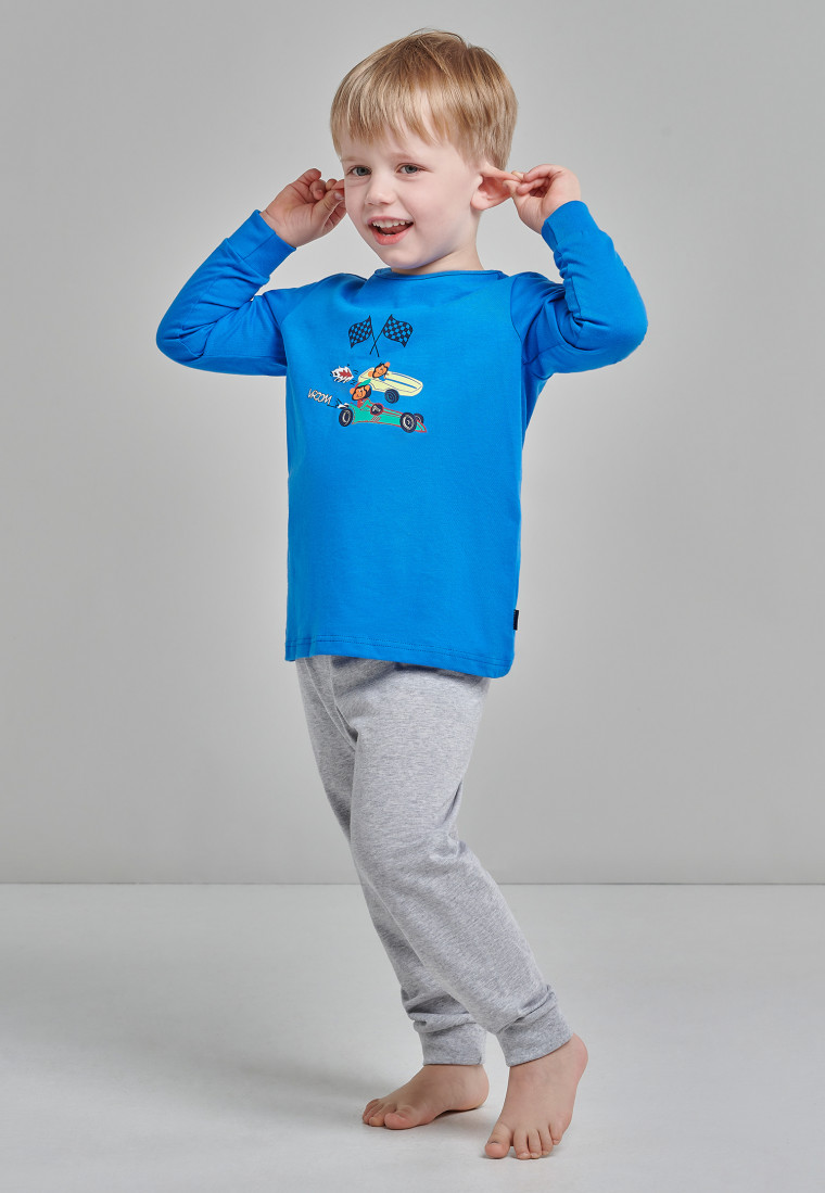 Schlafanzug lang Organic Cotton Bündchen Affen Rennwagen blau/grau-meliert - Boys World