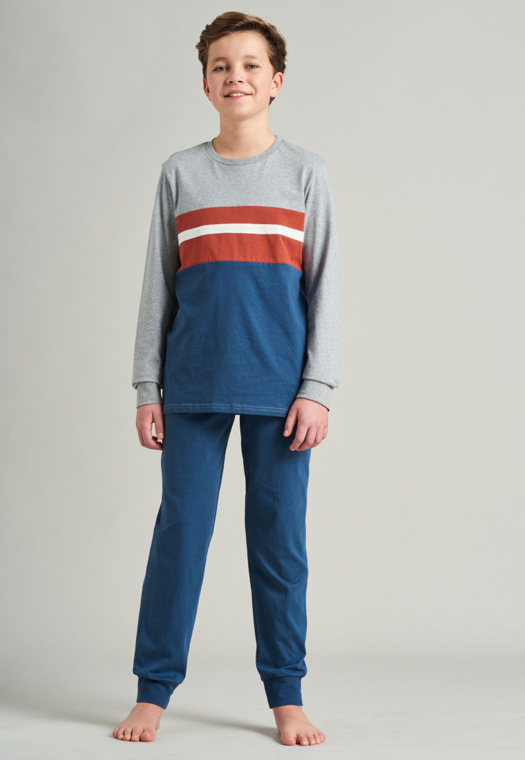 Pyjama lang biologisch katoenen manchetten, blokstrepen blauw - Natural Love