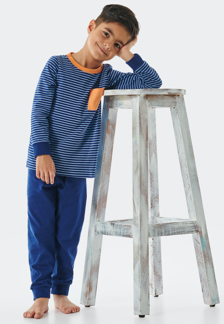Pyjama long coton bio bords-côtes poche poitrine rayures bleu - Natural Love
