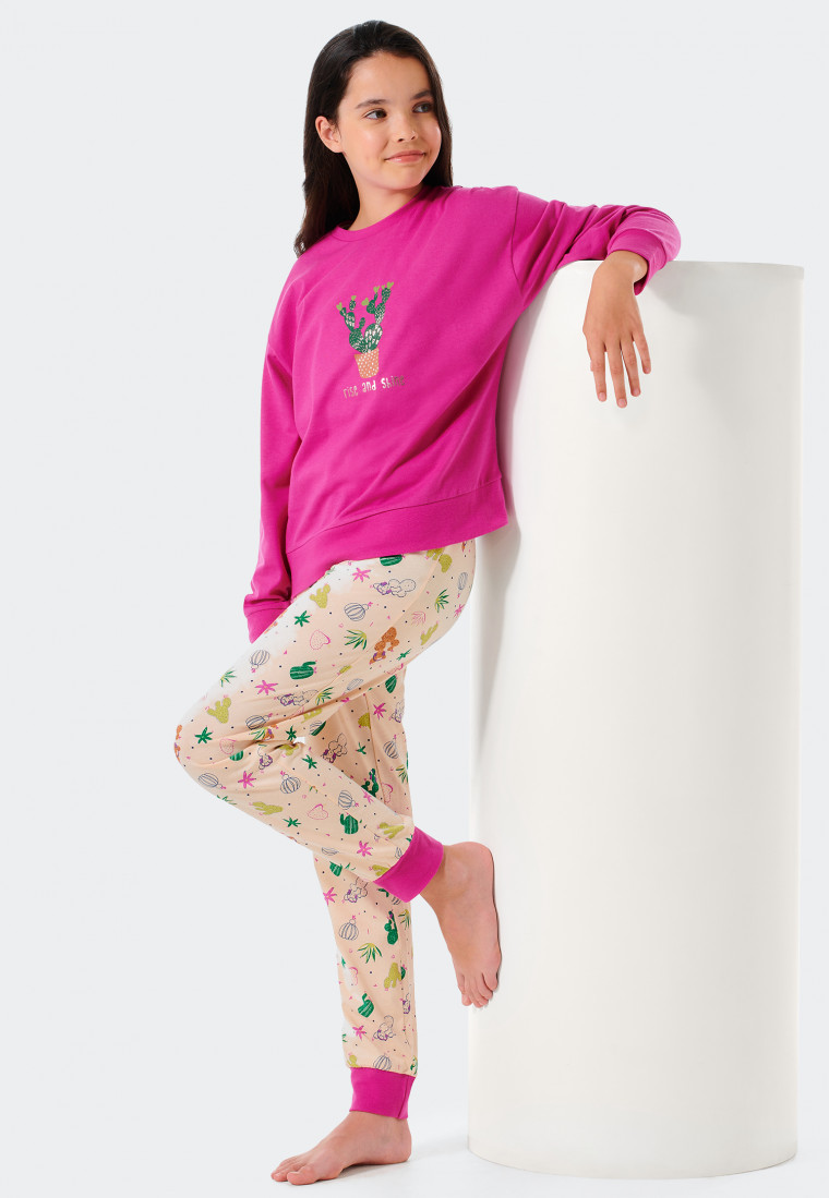 Lange pyjama, boorden van biologisch katoen, cactusroze - Prickly Love