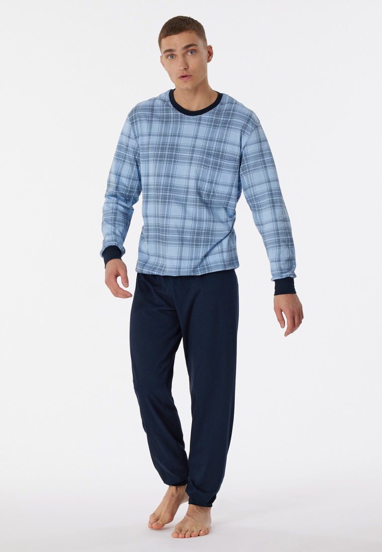 Pyjama long coton bio bords-côtes carreaux bleu air - Comfort Fit
