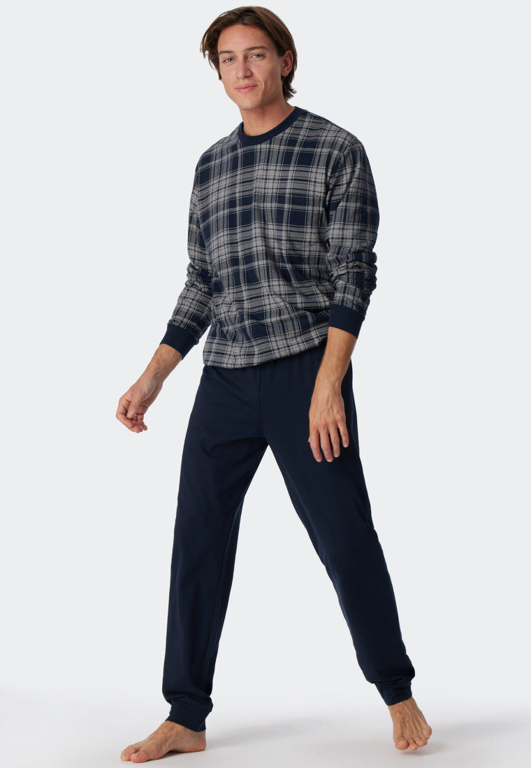 Pajamas long organic cotton cuffs check dark blue - Comfort Fit