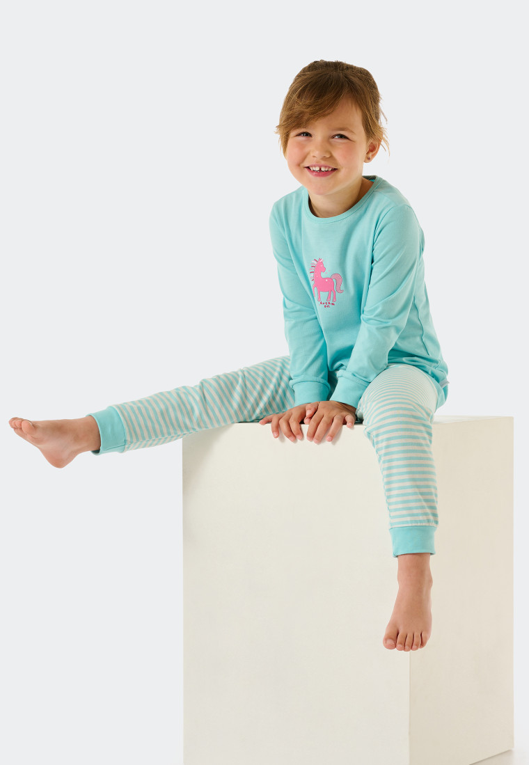 Pyjama lang biologisch katoen boorden paard gestreept turquoise - Nightwear