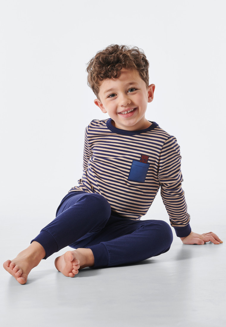 Schlafanzug lang Organic Cotton Bündchen Ringel Bär dunkelblau - Natural Love
