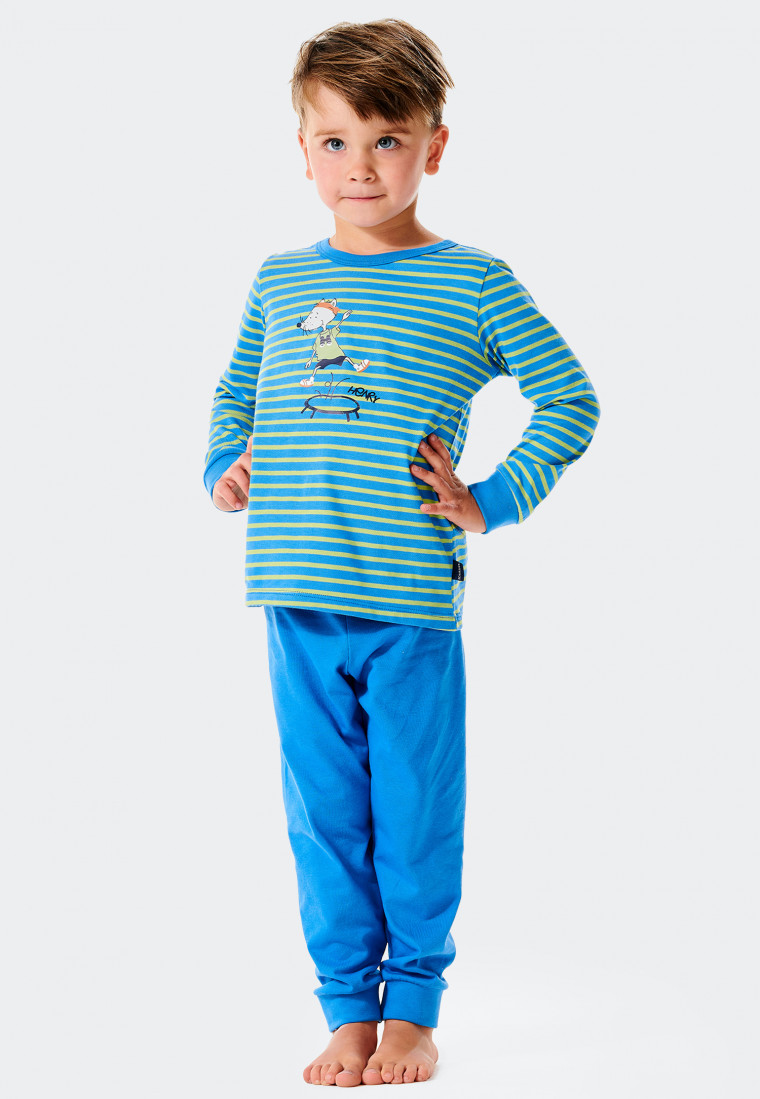 Pyjama long en coton bio avec des bords-côtes rayés et des rats faisant du trampoline bleus - Rat Henry