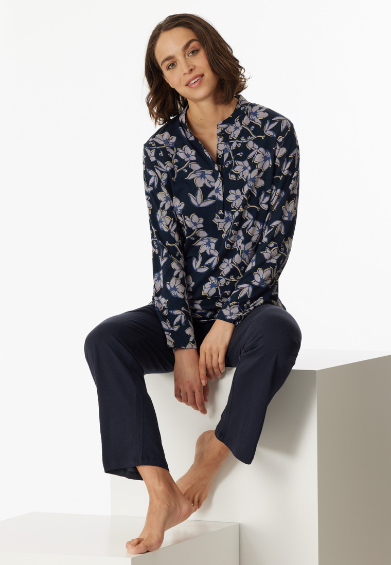 Schlafanzug lang Organic Cotton Knopfleiste Blumenprint navy - Contemporary  Nightwear | SCHIESSER