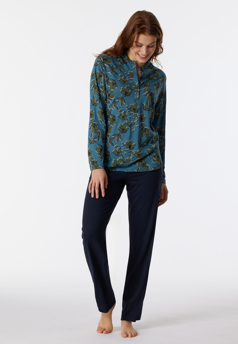 Pyjama lang biologisch katoen knoopsluiting bloemenprint petrol - Contemporary Nightwear