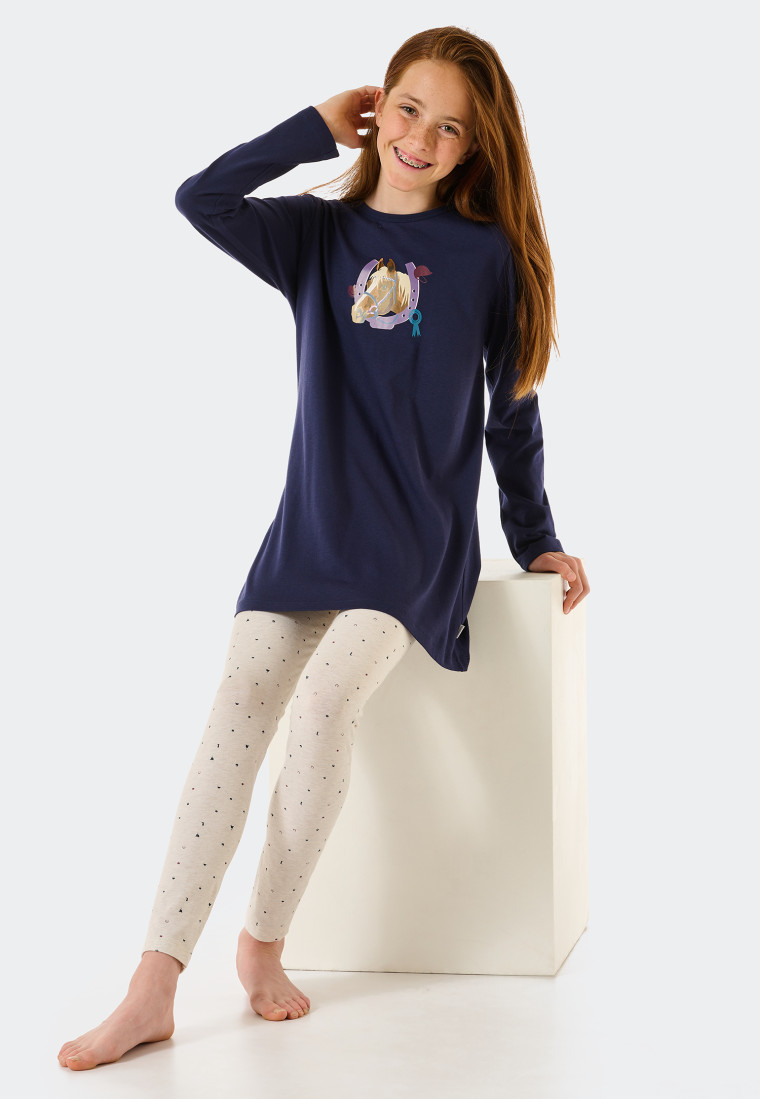 Pyjama long coton bio cheval fer à cheval bleu foncé - Pferdewelt