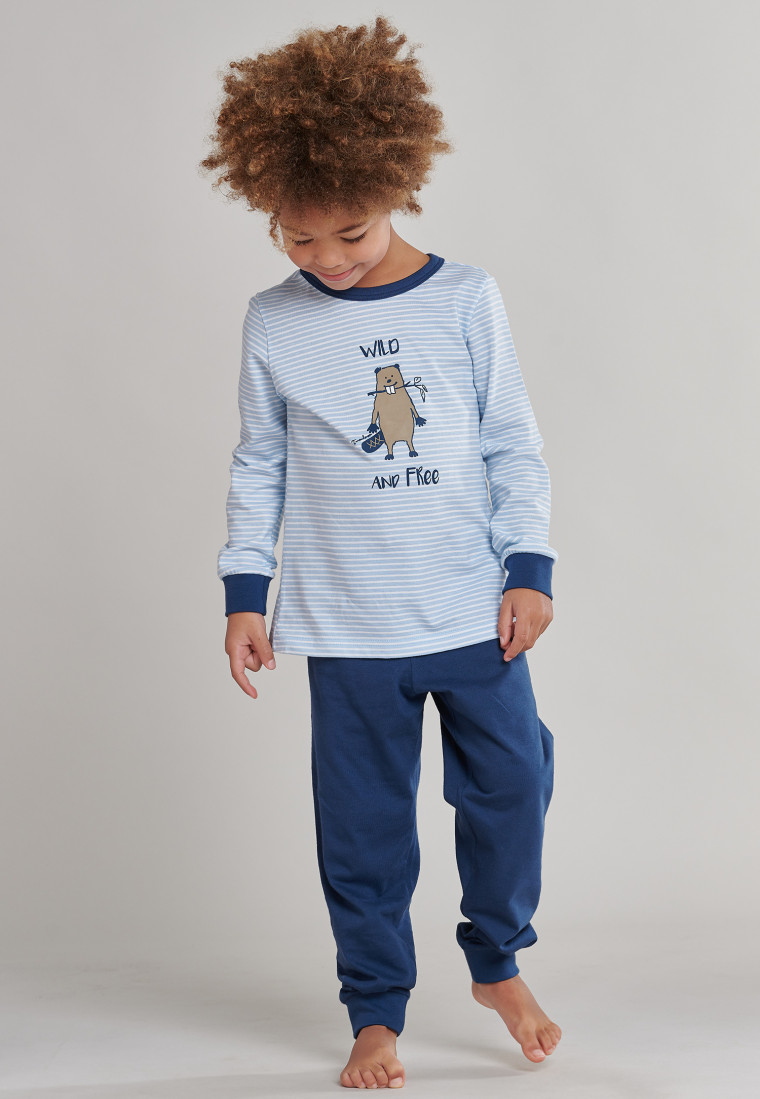Schlafanzug lang Organic Cotton Ringel Bündchen Biber hellblau - Natural Love Story